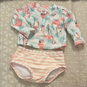 Ruffle Butts Pink and Blue Rashguard Swim Set with Flamingo Print
